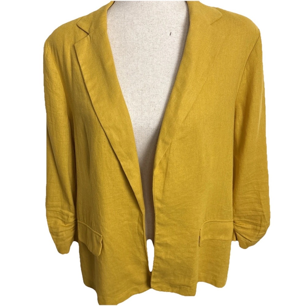 NYCC Linen Blend Blazer Womens Large Yellow Ruched Sleeve Classic Euro Summer